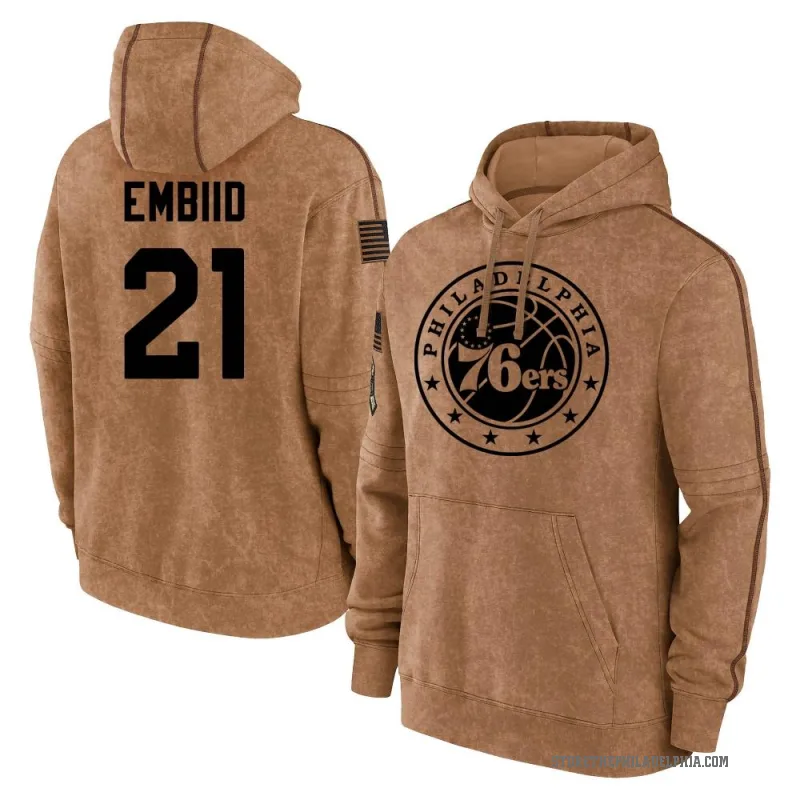 Joel Embiid Youth Brown Philadelphia 76ers 2023 Salute to Service Club Pullover Hoodie